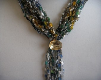 Blue/Green/Gold Ladder Yarn Scarflette With Amber Stone