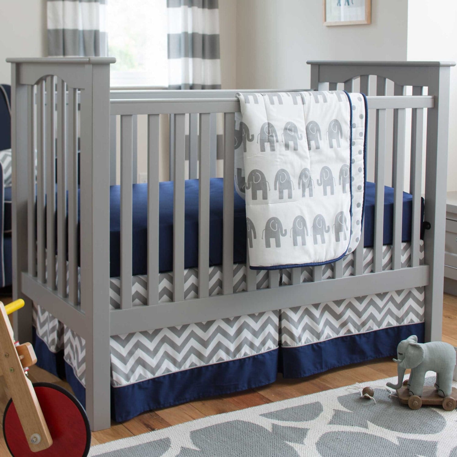 Boy Baby Crib Bedding: Navy and Gray Elephants 3-Piece Crib