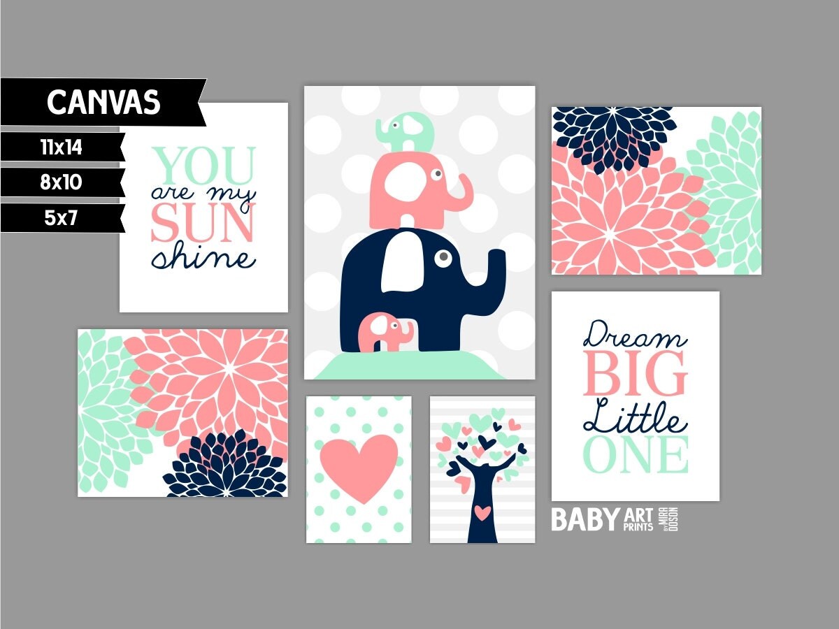 Mint Coral and Navy Girl Nursery canvas art prints Set of 7