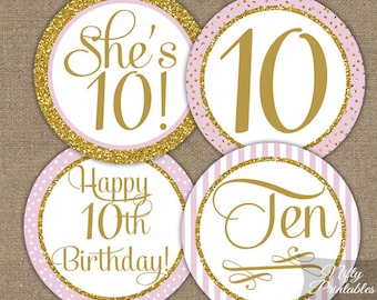 10th Birthday Cupcake Toppers - Tenth Birthday Party Pink & Gold Printable - DIY Girls 10th Bday Favor Tags - Ten Year Old - PGL