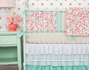 Mint and Mini Floral Baby Bedding | Girl Crib Set in Coral, Peach, Mint, and Gold | Mint, Gold, Coral, and Floral Baby Bumpers | Gold Dot