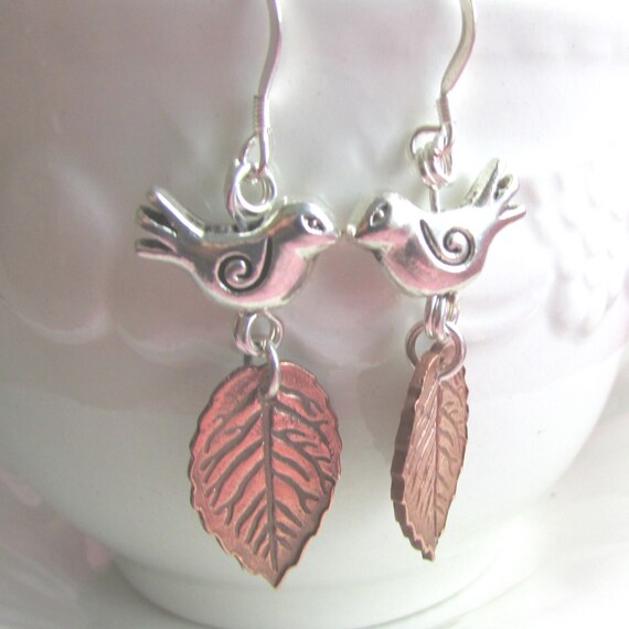 Copper Leaf Bird Earrings