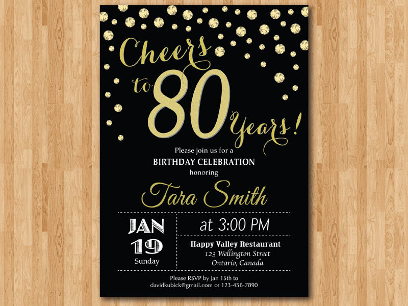 80th birthday invitation. Gold Glitter. Cheers to 80 Years