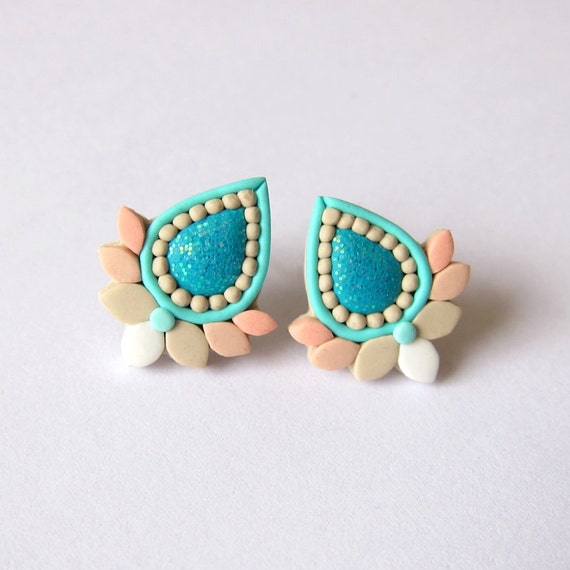 Polymer Clay Earrings Holographic Glitter Turquoise Ivory