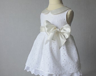 Baptism Baby Dress, Christening Gown, French Ivory Silk and White Lace Dress, Flower Girl, Eyelet Girl dress, Christening Dress