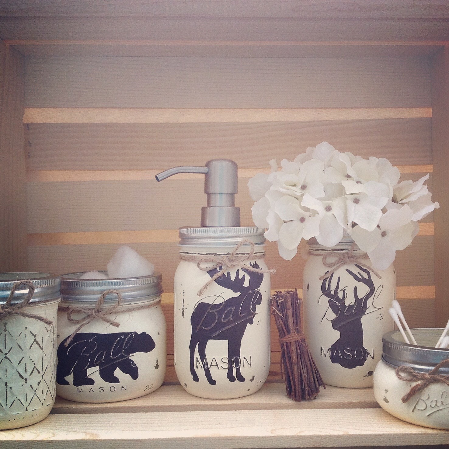 Hand Painted Mason Jar Bath Set Rustic by MidnightOwlCandleCo