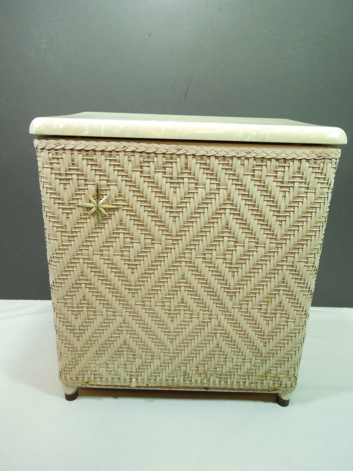 Wicker hamper dirty clothes hamper marbled plastic top Atomic age Mid century decor MCM