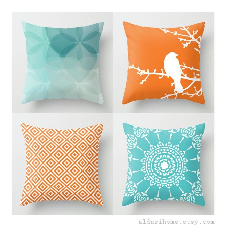 Turquoise and Orange Pillows / Set of 4 Pillow by AldariHome