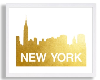 New York City Skyline Print Faux Gold Foil Art Print NYC Art Modern Art Interior Design Travel Art Gold Decor Shiny Art Collage White & Gold