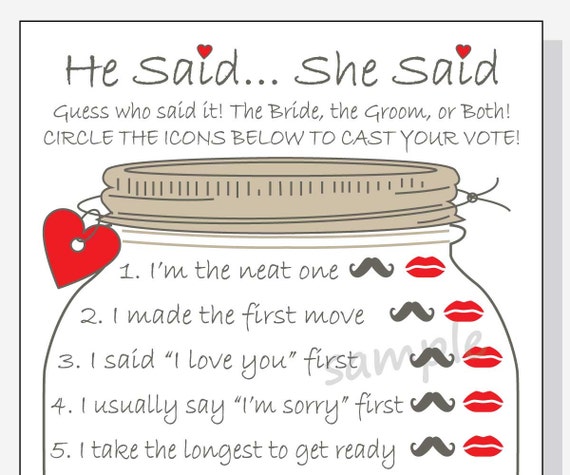 He Said... She Said Printable Cards Bridal Shower Game DIY