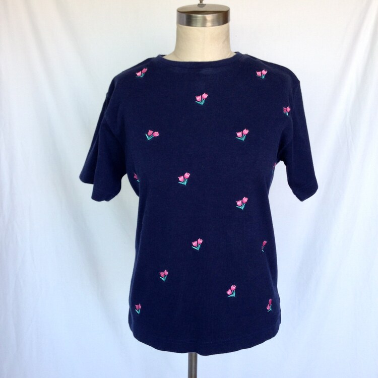 Cute Navy Blue Embroidered Pink Flowers by TheHighwayThrifters
