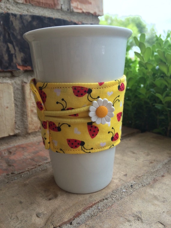Coffee Cozy Drink Sleeve with Daisy Button and Red Ladybugs on