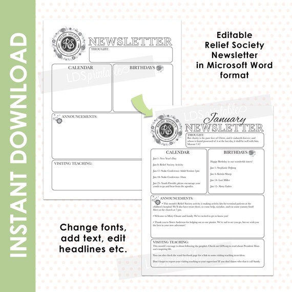 Rsen001 Editable Relief Society Newsletter In By Ldsprintable Relief Society Newsletter Template Free