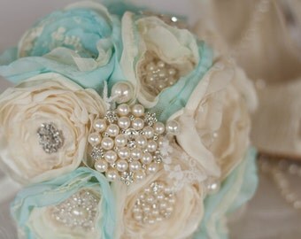Vintage Inspired Brooch Wedding Bouquet, Mint and Ivory, Satin, chiffon and Lace Bouquet