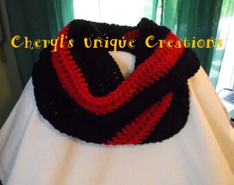 Thin Red Line - Firefighter/Fire Department - Hand Crocheted Thick and Chunky, Wide Cowl Infinity Scarf