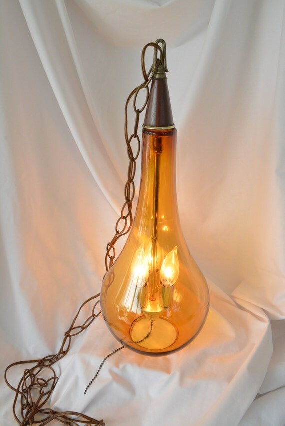 ON SALE Hanging 1970's Amber Teardrop Glass Swag Lamp
