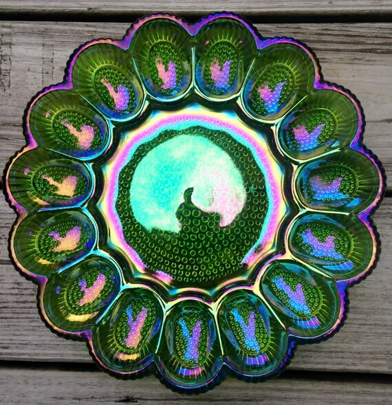 Depression Era Carnival Glass Deviled Egg Platter Dish Plate