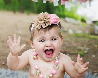 Toddler Pink and Gold Chunky Necklace, Baby Necklace, Toddler Necklace, Chunky Bead Necklace, Pink and Gold, Pink and Gold Toddler Necklace