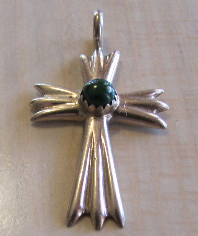 Navajo Sterling Silver Cross Pendant with Malachite