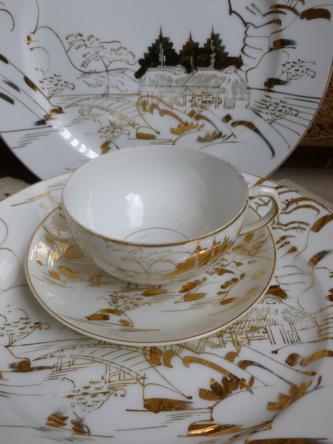 Japanese Geisha Girl Lithopane Porcelain Tea Set with 2 Dinner