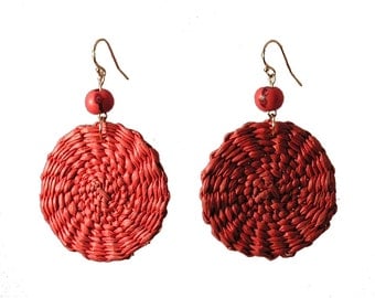 Salmon Iraca Fiber Earrings - Salmon Boho Earrings - Salmon Woven Earrings