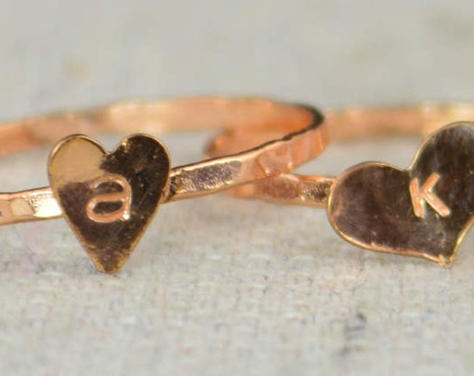 Tiny Golden Rose Heart Ring, Sterling Silver, Golden Rose Ring, Personalized Heart Ring, Initial Heart Ring, Initial Ring, BFF Ring, Copper