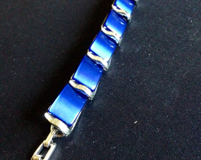 Storewide 25% Off SALE Vintage Silver Tone Royal Blue Opalescent Designer Bracelet Featuring Elegant Polished Acrylic Segmented Design