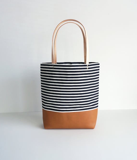 Striped Canvas Leather Tote