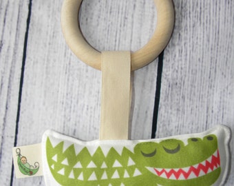 Maple Wood Ring & Organic Cotton Crocodile Baby Teething Toy Rattle Eco Friendly