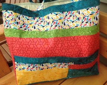 Multi color beach tote, shopping tote, vacation travel bag, orange, green, teal, yellow, 16x15x 4.5 in., shoulder carry, open top, 5 pockets