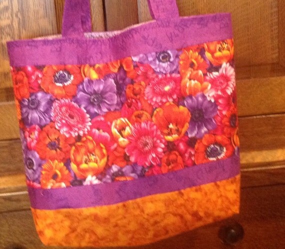 Purple/orange pink floral tote/market bag 17 in.W x13 in. H x