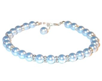 LIGHT BLUE Pearl Bracelet Sterling Silver Bridesmaid Bridal Swarovski Elements