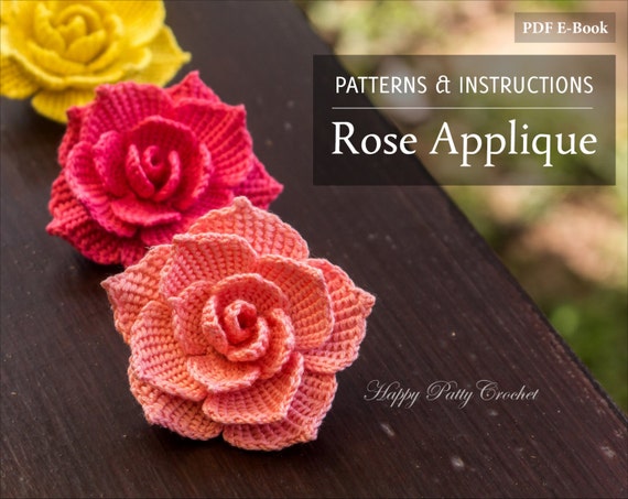 Crochet Rose PATTERN- Crochet Flower Applique Pattern - Crochet Flower Pattern for Rose Brooch - Instant Download - Flower Crochet Pattern