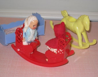 Vintage BEST Plastic Miniature Dollhouse Baby Nursery Furniture & Toys, Plus Two Baby Dolls