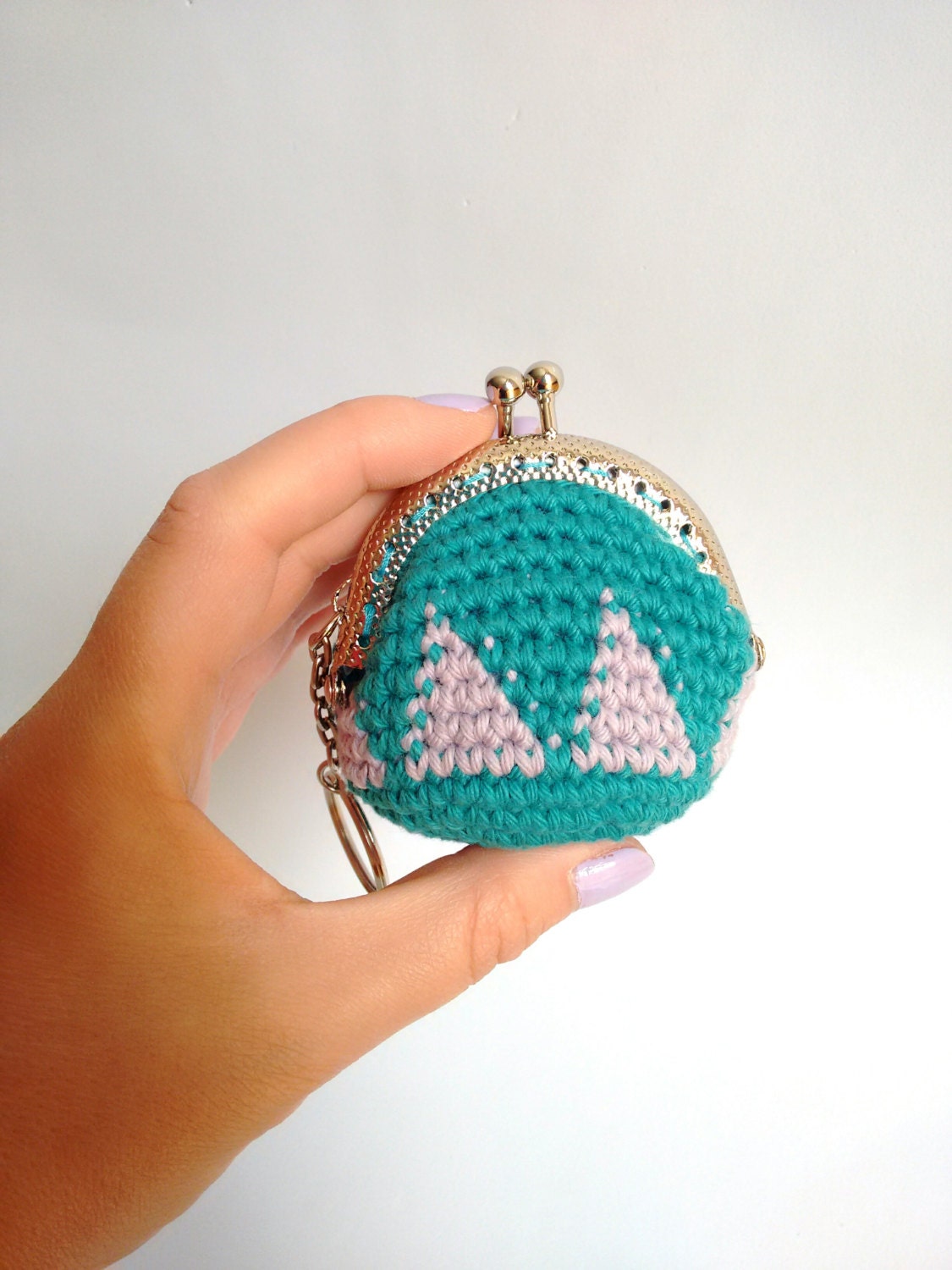 Handmade crochet mini coin purse keychain with silver color