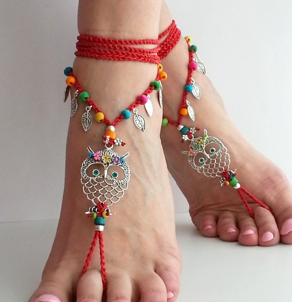 Hippie owl barefoot sandals, red Crochet sandals Hippie anklet, Hippy ...