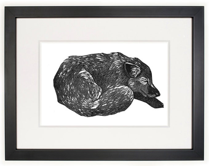 Sleeping Fox - Original Linocut A4 Relief Print, Animals, Nature, Foxes