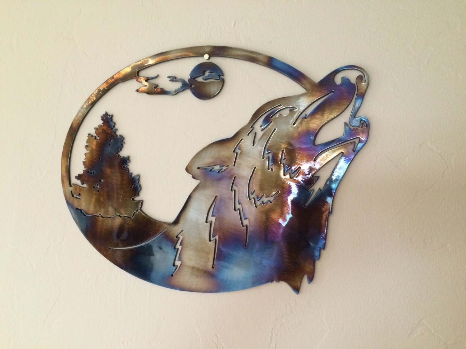 Wolf Scene Torched Metal Wall Art Decor