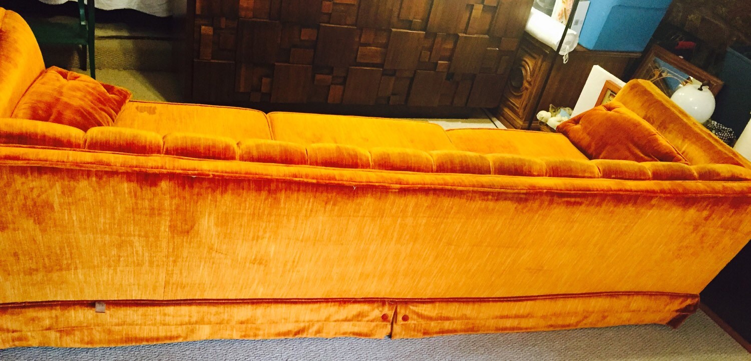 RESERVED Beautiful Vintage Tufted Orange Velvet Couch an