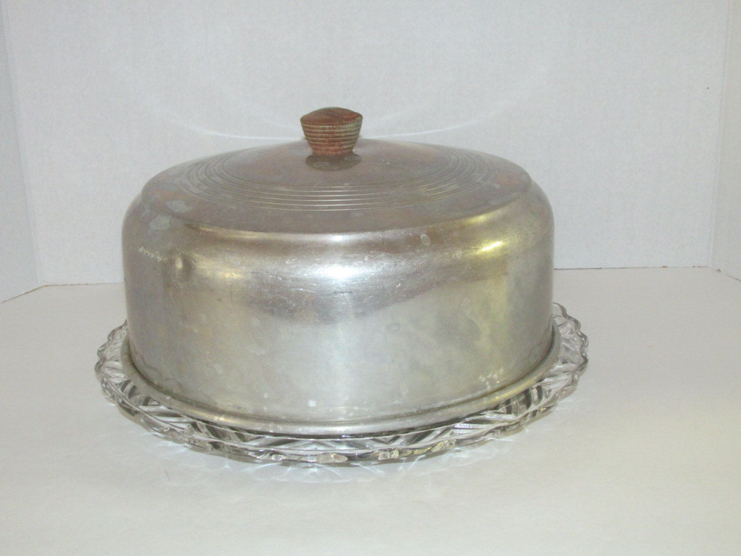 Vintage Glass Cake Plate with Metal Dome Cake Cover / Retro