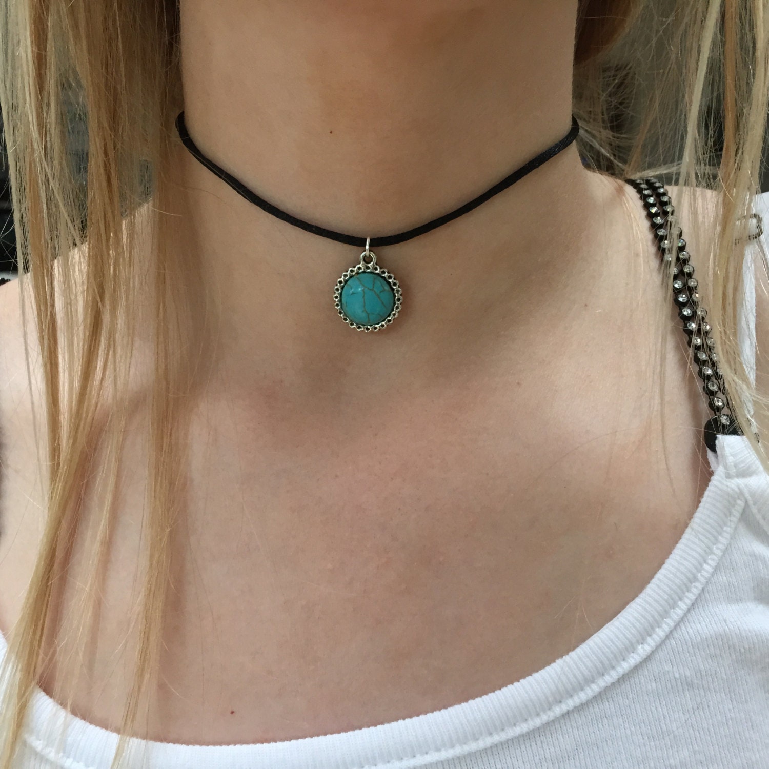 Turquoise cameo choker necklace black cord choker by CelticBijou