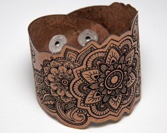 Mandala leather bracelet. Laser cut mandala bracelet. Laser engraved mandala leather cuff