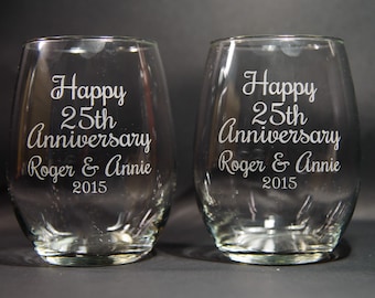 Anniversary Wine Glasses, Etched 25th Anniversary Gift, Wedding Anniversary Wine Glasses, Stemless Wine Glass, 25th Anniversary, Set of 2