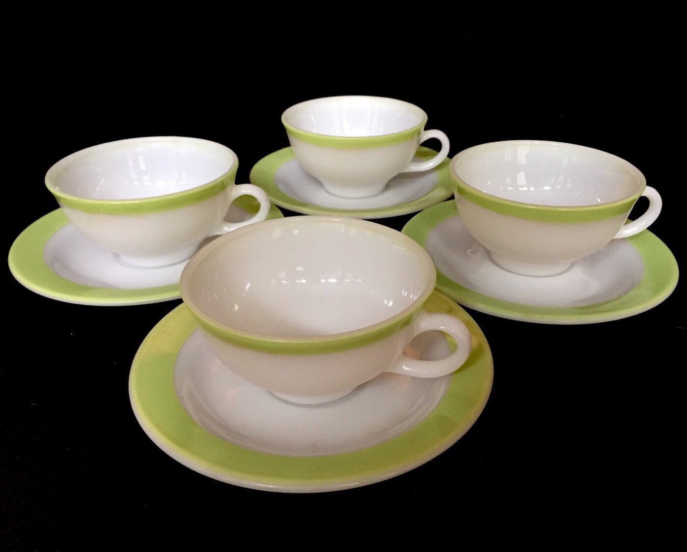 Set of Four Vintage Pyrex Tea Cups and Saucers Lime Green Haute Juice