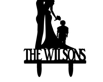 Wood Bride and Groom Silhouette Wedding Cake Topper dancing bride & groom with son last name customized personalized cake topper rustic coun