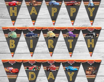 Disney Cars Birthday Banner Chalkboard - Lightning McQueen Birthday Banner - Disney Cars Printables - Cars Party Favor - Cars Happy Birthday