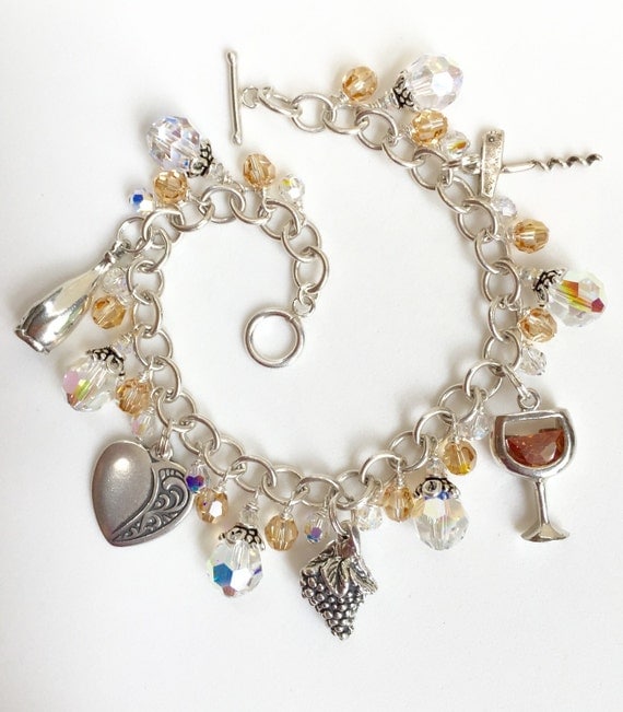 Wine Charm Bracelet Sterling Silver and Swarovski Crystal