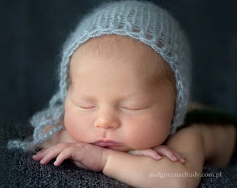 simple knitted newborn bonnet, mohair bonnet for a baby boy, lace, hand knitted photo prop, simple newborn bonnet newborn photography prop