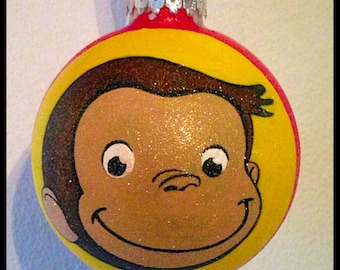 Hand Painted Curious George Ornament, Curious George Gifts, Kids Ornaments, Glass Ball Christmas Ornaments, Christmas Decor, Cartoon Monkey