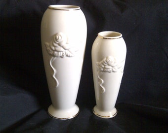 2 Lenox Fine China Collections Rose Blossom Vases. Creamy Ivory Color With Raised Rose And Ribbon. 24 Kt Gold Trim.